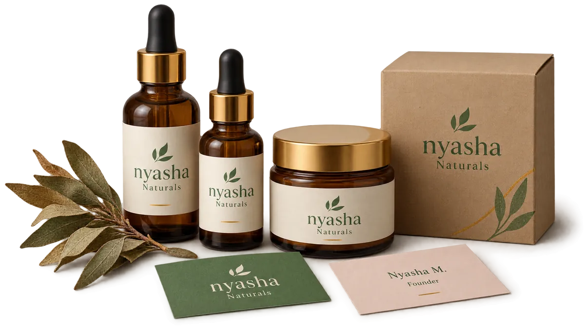 Demo brand identity for Nyasha Naturals, an invented skincare business, showing amber dropper bottles, a jar and a kraft box with its leaf logo, and a green and a clay business card