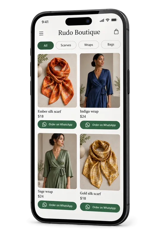 Demo Starter catalogue for Rudo Boutique on a phone, showing scarves and wraps with prices and an Order on WhatsApp button under each
