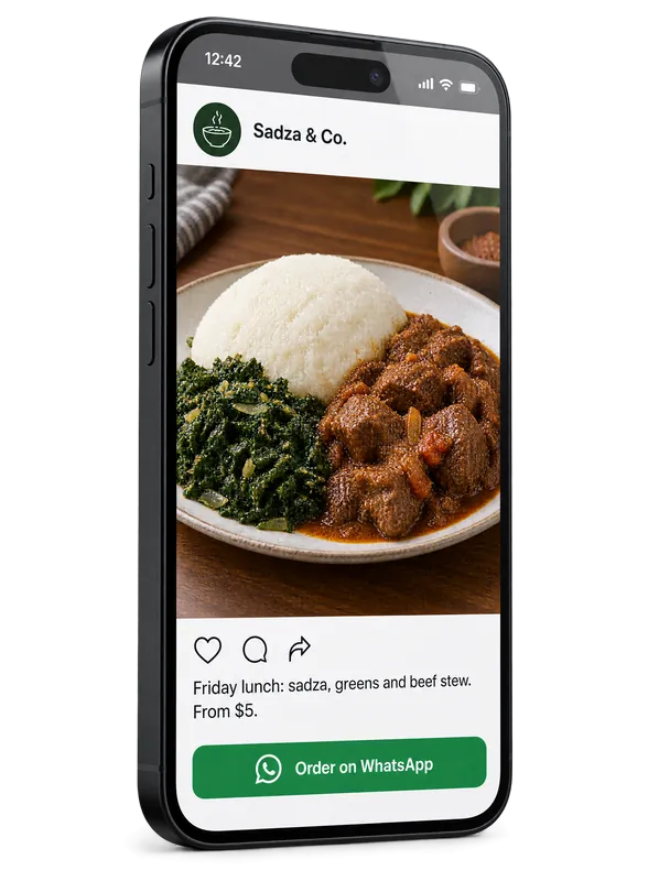 Demo social media post for Sadza & Co. on a phone, offering Friday lunch of sadza, greens and beef stew from $5, with an Order on WhatsApp button