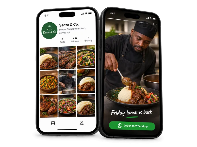 Demo social media for Sadza & Co., an invented restaurant, on two phones, showing its profile grid of plates and a short video that says Friday lunch is back, with an Order on WhatsApp button