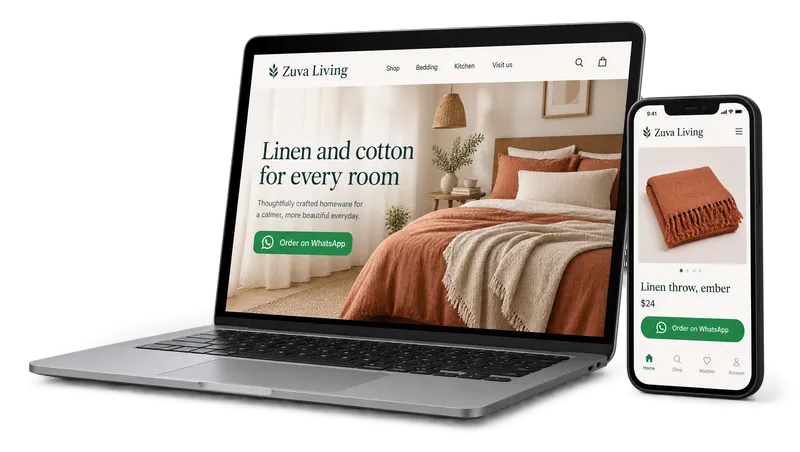 Demo online store for Zuva Living on a laptop and a phone, with an Order on WhatsApp button